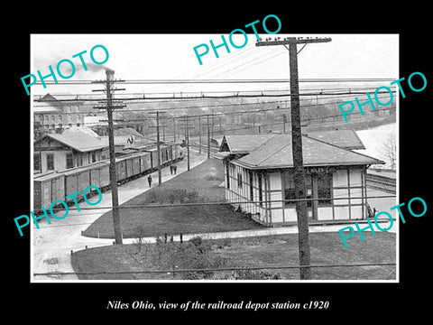 OLD LARGE HISTORIC PHOTO OF NILES OHIO, THE RAILROAD DEPOT STATION c1920