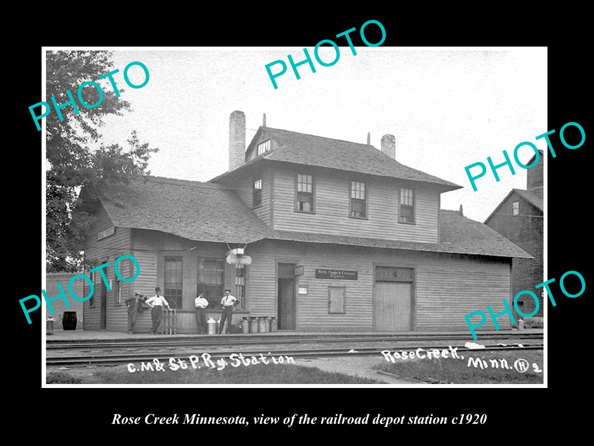 OLD LARGE HISTORIC PHOTO OF ROSE CREEK MINNESOTA RAILROAD DEPOT STATION c1920