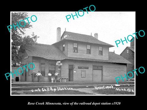 OLD LARGE HISTORIC PHOTO OF ROSE CREEK MINNESOTA RAILROAD DEPOT STATION c1920