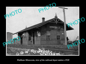 OLD LARGE HISTORIC PHOTO OF WALTHAM MINNESOTA, THE RAILROAD DEPOT STATION c1920