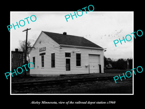 OLD LARGE HISTORIC PHOTO OF AKELEY MINNESOTA, THE RAILROAD DEPOT STATION c1960