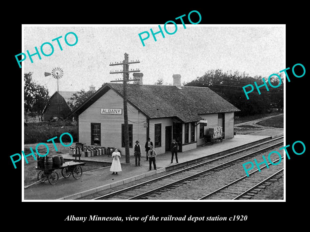 OLD LARGE HISTORIC PHOTO OF ALBANY MINNESOTA, THE RAILROAD DEPOT STATION c1920