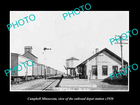 OLD LARGE HISTORIC PHOTO OF CAMPBELL MINNESOTA, THE RAILROAD DEPOT STATION c1920