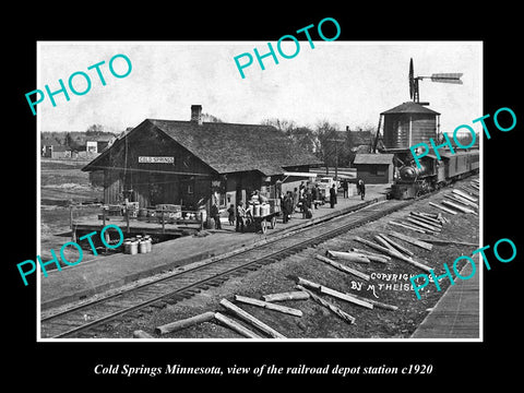 OLD LARGE HISTORIC PHOTO OF COLD SPRINGS MINNESOTA, RAILROAD DEPOT STATION c1920