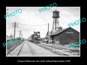 OLD LARGE HISTORIC PHOTO OF FREEPORT MINNESOTA, THE RAILROAD DEPOT STATION c1920