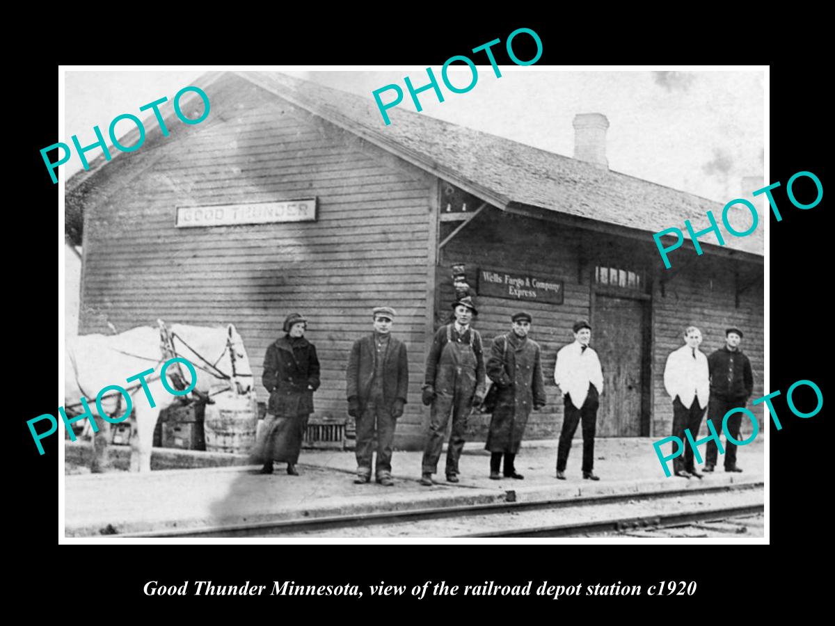 OLD LARGE HISTORIC PHOTO OF GOOD THUNDER MINNESOTA, RAILROAD DEPOT STATION c1920