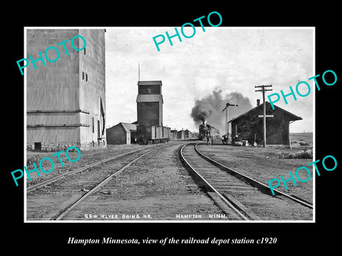 OLD LARGE HISTORIC PHOTO OF HAMPTON MINNESOTA, THE RAILROAD DEPOT STATION c1920