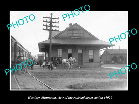 OLD LARGE HISTORIC PHOTO OF HASTINGS MINNESOTA, THE RAILROAD DEPOT STATION c1920