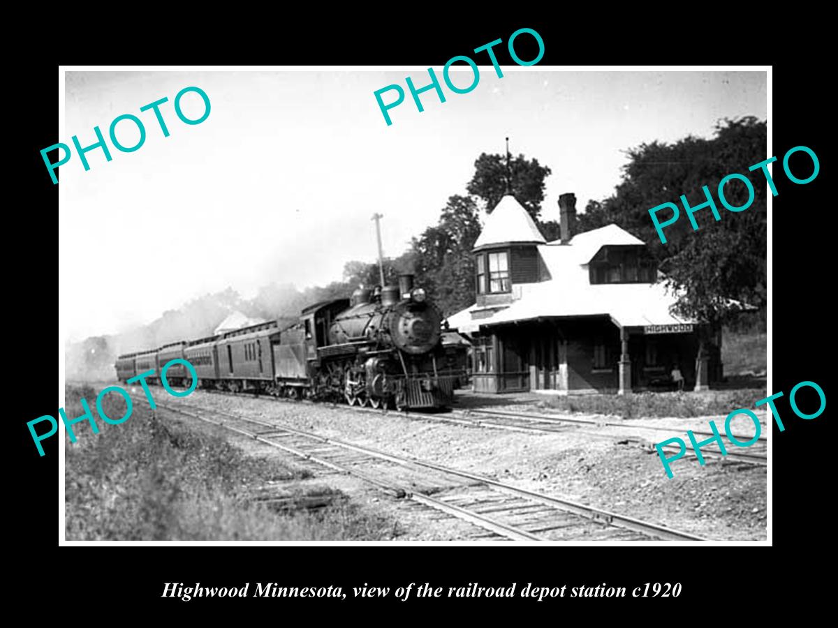 OLD LARGE HISTORIC PHOTO OF HIGHWOOD MINNESOTA, THE RAILROAD DEPOT STATION c1920