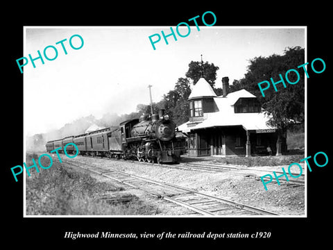 OLD LARGE HISTORIC PHOTO OF HIGHWOOD MINNESOTA, THE RAILROAD DEPOT STATION c1920