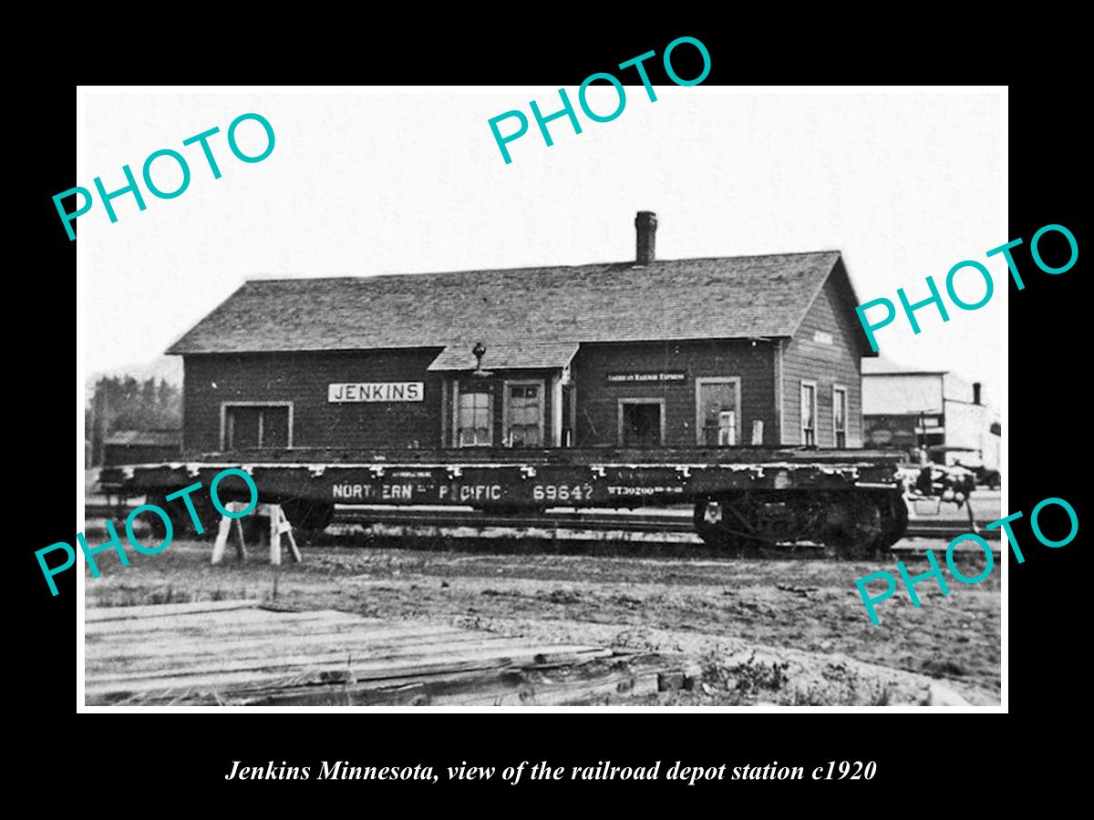 OLD LARGE HISTORIC PHOTO OF JENKINS MINNESOTA, THE RAILROAD DEPOT STATION c1920