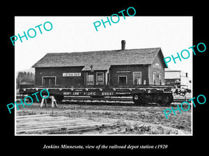 OLD LARGE HISTORIC PHOTO OF JENKINS MINNESOTA, THE RAILROAD DEPOT STATION c1920