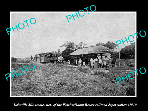 OLD LARGE HISTORIC PHOTO OF LAKEVILLE MINNESOTA WEICHSELBAUM RAILROAD DEPOT 1910