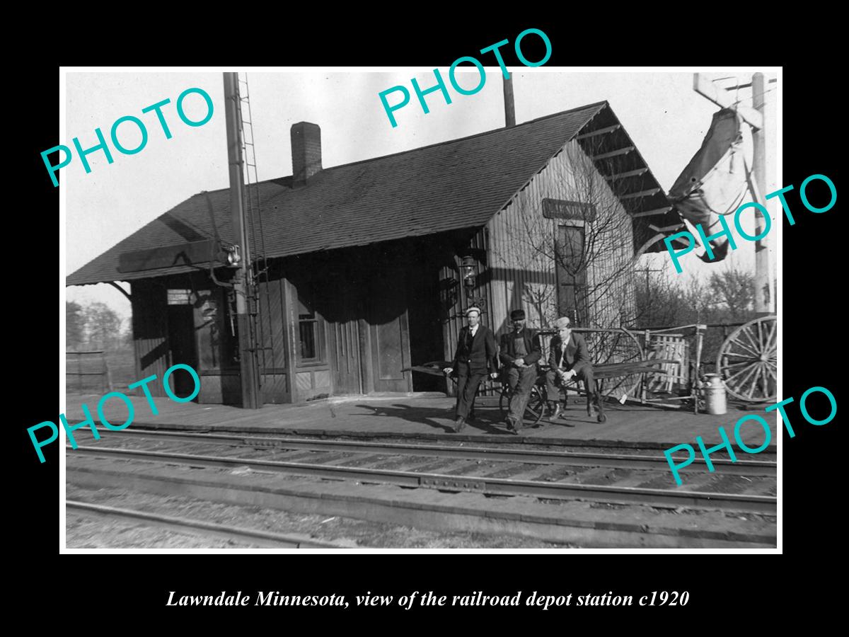 OLD LARGE HISTORIC PHOTO OF LAWNDALE MINNESOTA, THE RAILROAD DEPOT STATION c1920