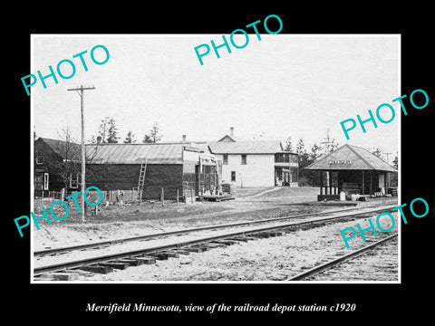 OLD LARGE HISTORIC PHOTO OF MERRIFIELD MINNESOTA, RAILROAD DEPOT STATION c1920