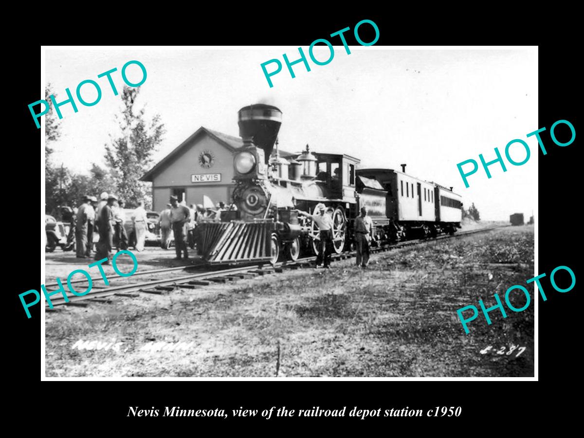 OLD LARGE HISTORIC PHOTO OF NEVIS MINNESOTA, THE RAILROAD DEPOT STATION c1950