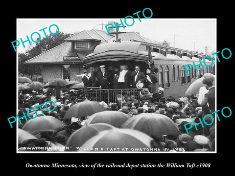 OLD LARGE HISTORIC PHOTO OF OWATONNA MINNESOTA, RAILROAD DEPOT WILLIAM TAFT 1908