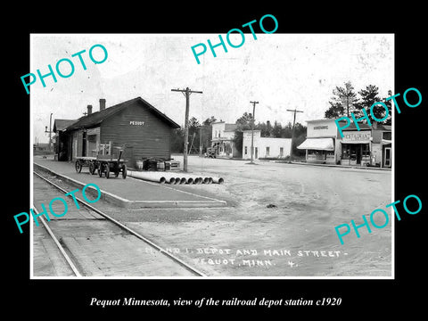 OLD LARGE HISTORIC PHOTO OF PEQUOT MINNESOTA, THE RAILROAD DEPOT STATION c1920