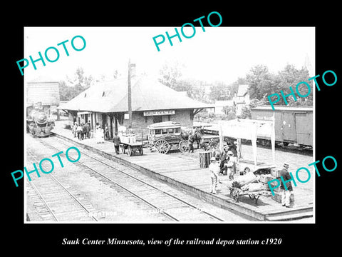 OLD LARGE HISTORIC PHOTO OF SAUK CENTER MINNESOTA, RAILROAD DEPOT STATION c1920