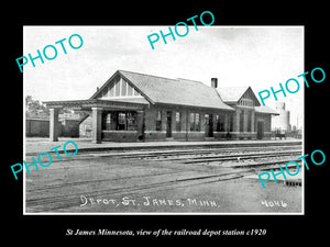 OLD LARGE HISTORIC PHOTO OF St JAMES MINNESOTA, THE RAILROAD DEPOT STATION c1920