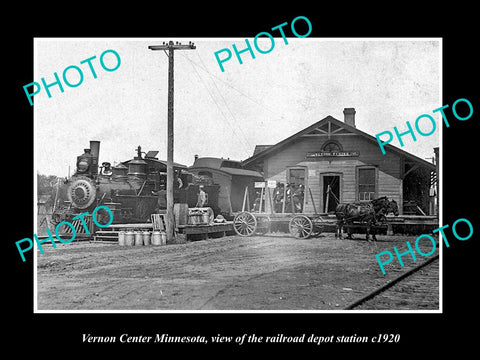 OLD LARGE HISTORIC PHOTO OF VERNON CENTER MINNESOTA RAILROAD DEPOT STATION c1920