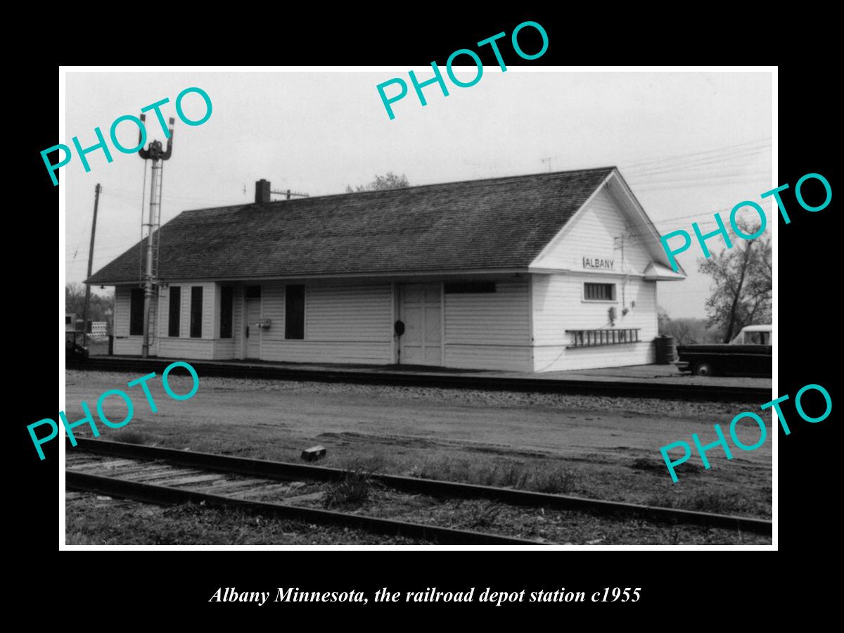 OLD LARGE HISTORIC PHOTO OF ALBANY MINNESOTA, THE RAILROAD DEPOT STATION c1955