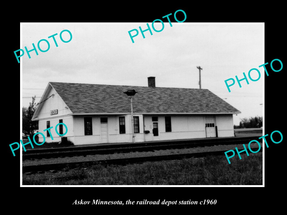 OLD LARGE HISTORIC PHOTO OF ASKOV MINNESOTA, THE RAILROAD DEPOT STATION c1960