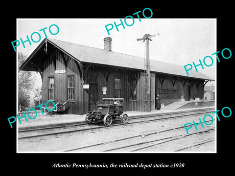 OLD LARGE HISTORIC PHOTO OF ATLANTA PENNSYLVANIA, THE RAILROAD STATION c1920