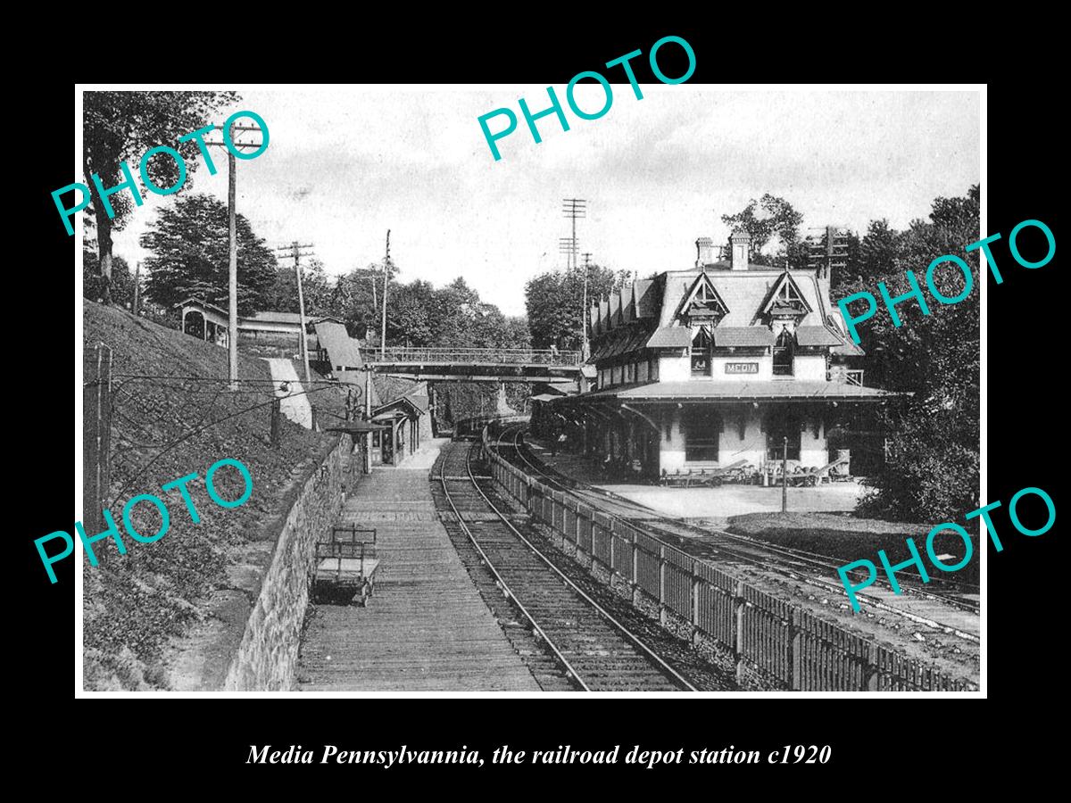 OLD LARGE HISTORIC PHOTO OF MEDIA PENNSYLVANIA, THE RAILROAD STATION c1920