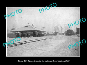 OLD LARGE HISTORIC PHOTO OF UNION CITY PENNSYLVANIA, THE RAILROAD STATION c1920