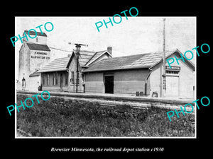 OLD LARGE HISTORIC PHOTO OF BREWSTER MINNESOTA, THE RAILROAD DEPOT STATION c1930