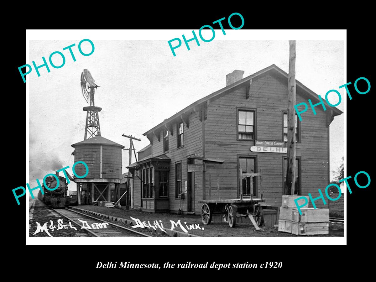 OLD LARGE HISTORIC PHOTO OF DELHI MINNESOTA, THE RAILROAD DEPOT STATION c1920