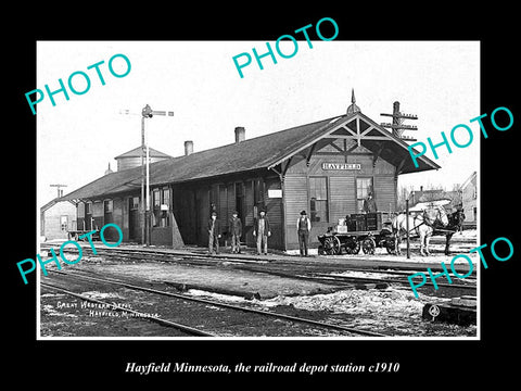 OLD LARGE HISTORIC PHOTO OF HAYFIELD MINNESOTA, THE RAILROAD DEPOT STATION c1910