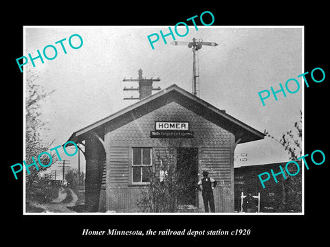 OLD LARGE HISTORIC PHOTO OF HOMER MINNESOTA, THE RAILROAD DEPOT STATION c1920