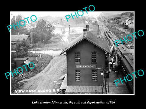 OLD LARGE HISTORIC PHOTO OF LAKE BENTON MINNESOTA, RAILROAD DEPOT STATION c1920