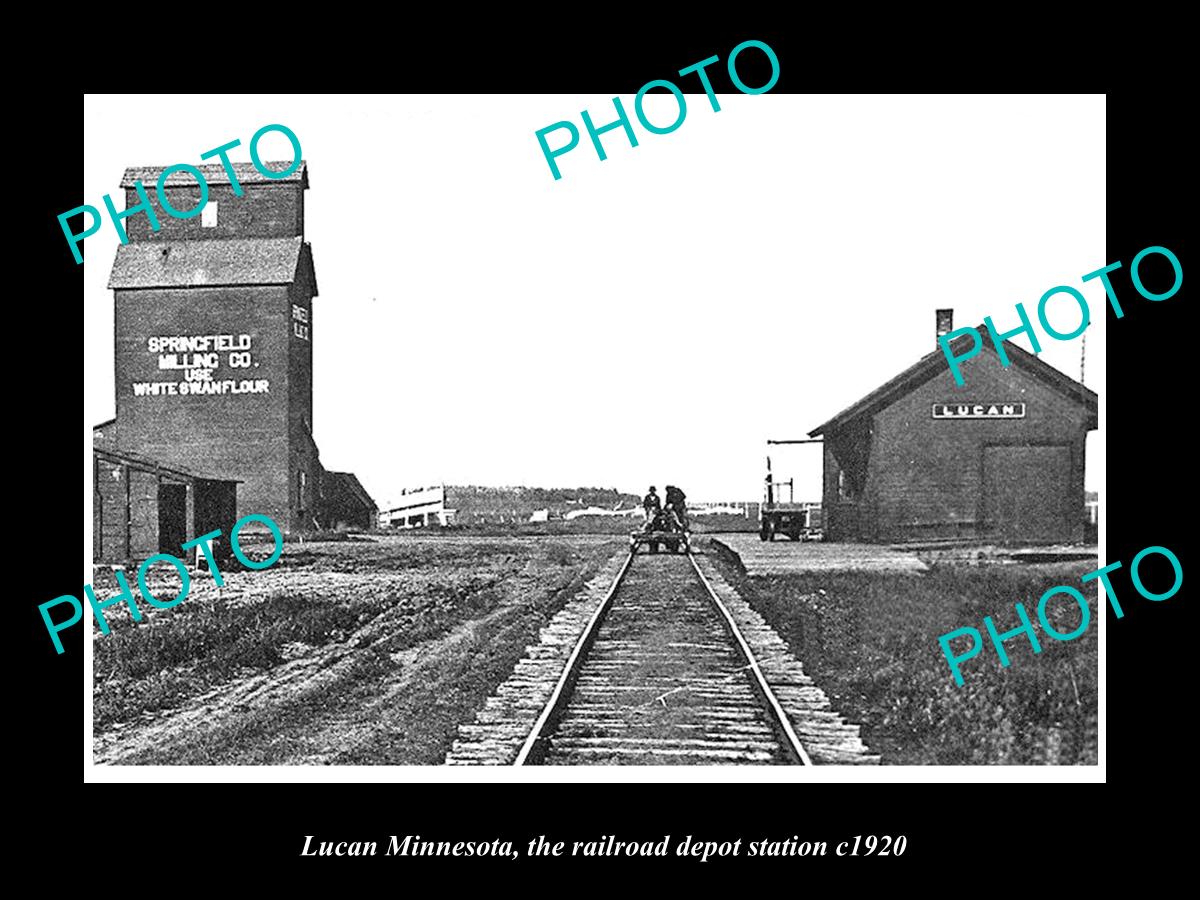 OLD LARGE HISTORIC PHOTO OF LUCAN MINNESOTA, THE RAILROAD DEPOT STATION c1920