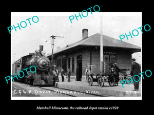 OLD LARGE HISTORIC PHOTO OF MARSHALL MINNESOTA, THE RAILROAD DEPOT STATION c1920