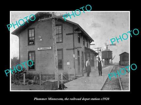 OLD LARGE HISTORIC PHOTO OF PLUMMER MINNESOTA, THE RAILROAD DEPOT STATION c1920