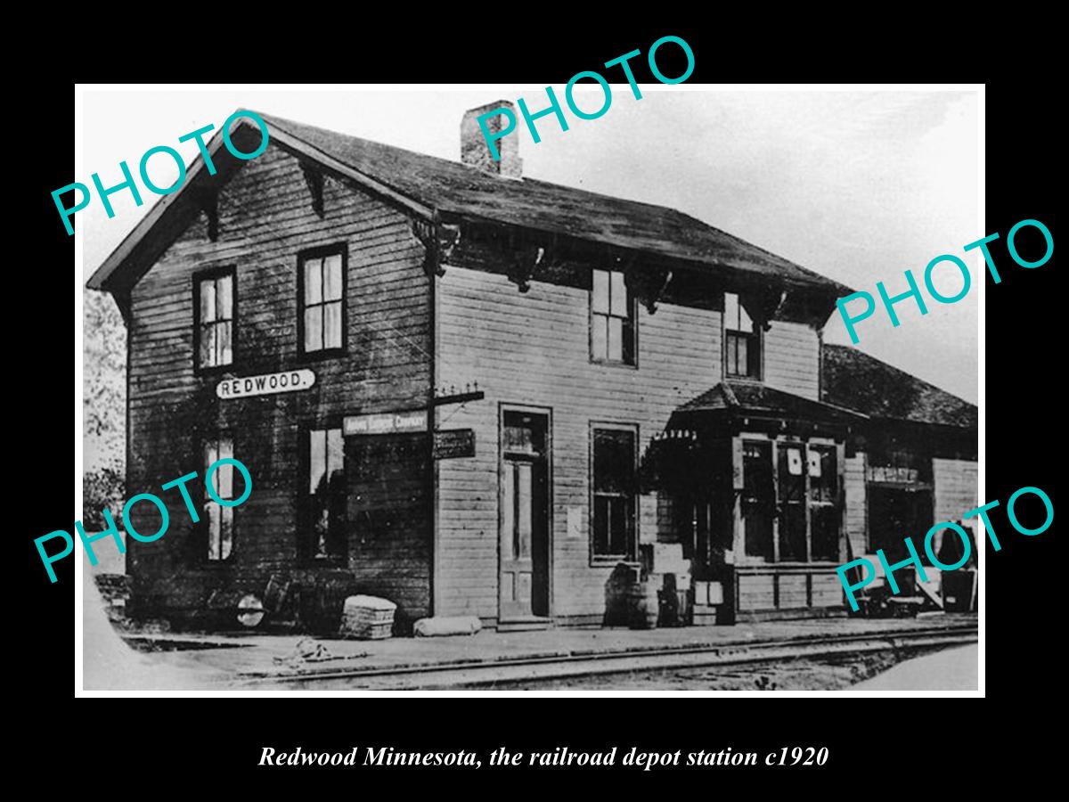 OLD LARGE HISTORIC PHOTO OF REDWOOD MINNESOTA, THE RAILROAD DEPOT STATION c1920