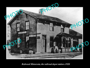 OLD LARGE HISTORIC PHOTO OF REDWOOD MINNESOTA, THE RAILROAD DEPOT STATION c1920