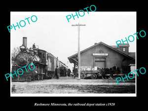 OLD LARGE HISTORIC PHOTO OF RUSHMORE MINNESOTA, THE RAILROAD DEPOT STATION c1920