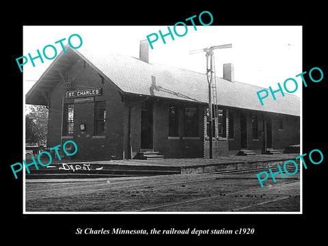 OLD LARGE HISTORIC PHOTO OF St CHARLES MINNESOTA, RAILROAD DEPOT STATION c1920