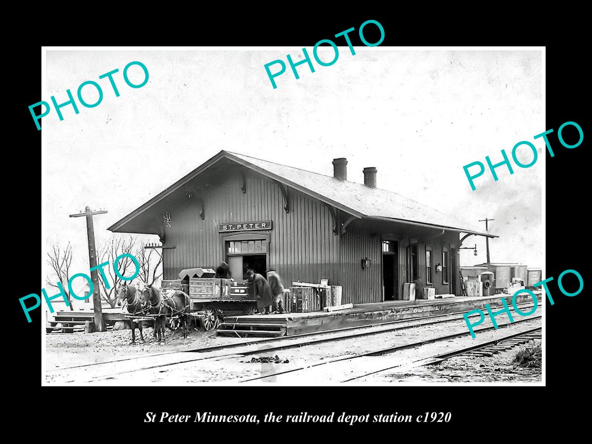 OLD LARGE HISTORIC PHOTO OF ST PETER MINNESOTA, THE RAILROAD DEPOT STATION c1920