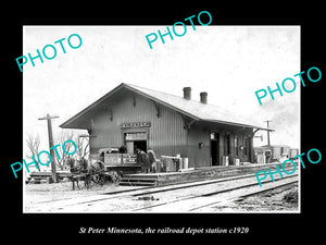 OLD LARGE HISTORIC PHOTO OF ST PETER MINNESOTA, THE RAILROAD DEPOT STATION c1920