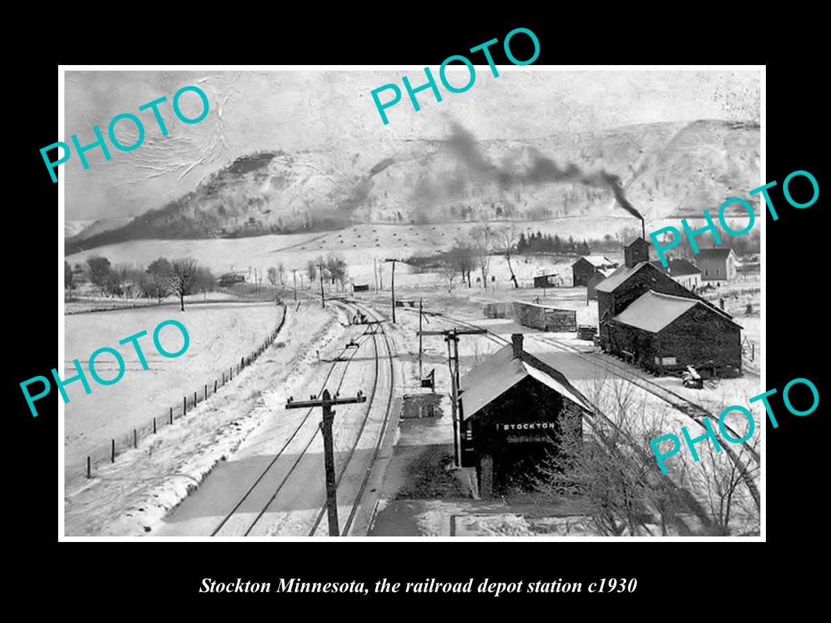 OLD LARGE HISTORIC PHOTO OF STOCKTON MINNESOTA, THE RAILROAD DEPOT STATION c1930