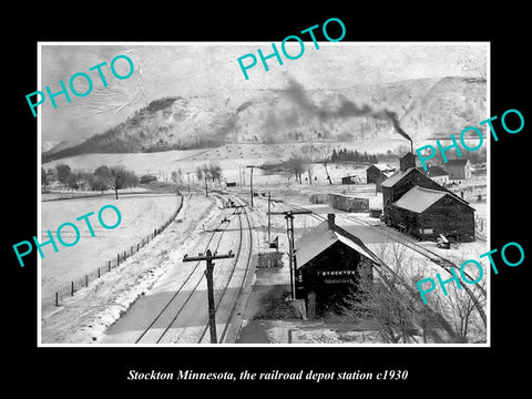 OLD LARGE HISTORIC PHOTO OF STOCKTON MINNESOTA, THE RAILROAD DEPOT STATION c1930