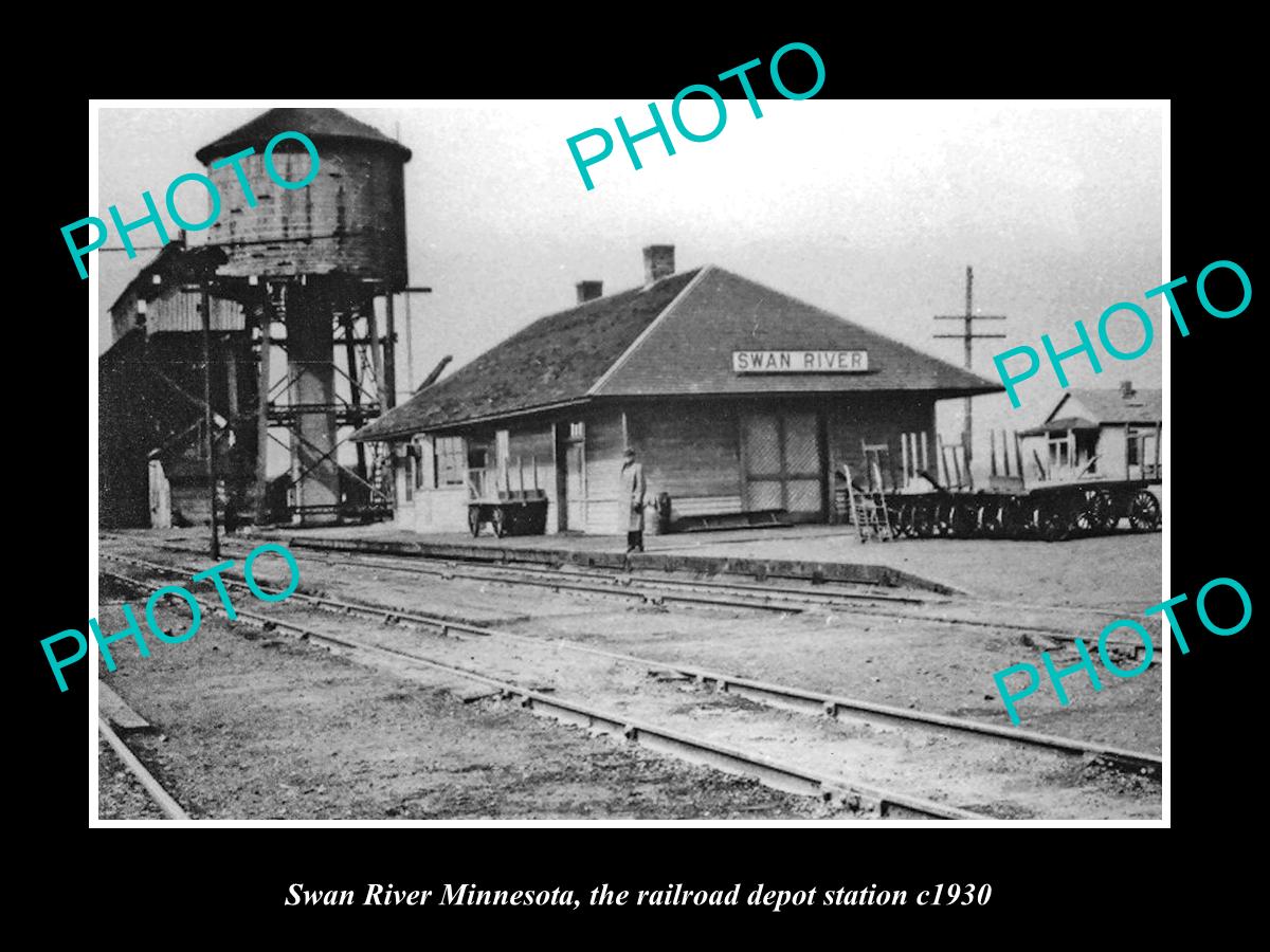 OLD LARGE HISTORIC PHOTO OF SWAN RIVER MINNESOTA, RAILROAD DEPOT STATION c1930