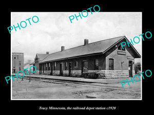 OLD LARGE HISTORIC PHOTO OF TRACY MINNESOTA, THE RAILROAD DEPOT STATION c1920