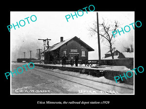 OLD LARGE HISTORIC PHOTO OF UTICA MINNESOTA, THE RAILROAD DEPOT STATION c1920