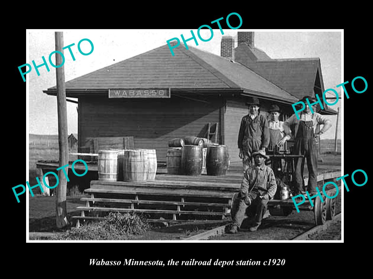 OLD LARGE HISTORIC PHOTO OF WABASSO MINNESOTA, THE RAILROAD DEPOT STATION c1920